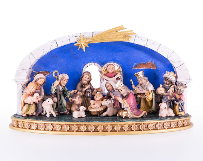 Wieser nativity scene carved in Val Gardena wood, 16 pieces with temple, various sizes available, Italian handicraft production