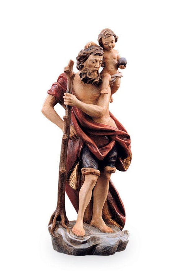 Statue von San Cristoforo aus Valgardena-Holz geschnitzt und von
