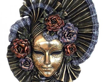 Venetian Peony Mask, 29 cm (11.41 inches) in bronzed resin marble, handcrafted