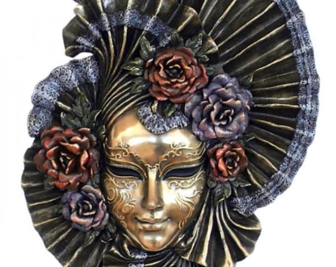 Venetian Peony Mask, 29 cm (11.41 inches) in bronzed resin marble, handcrafted in Italy