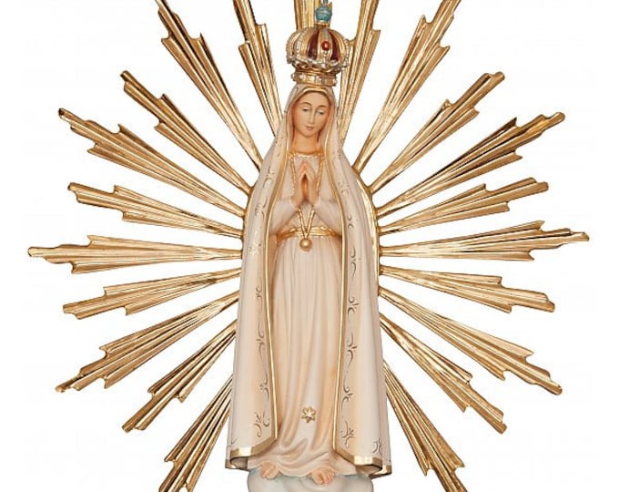 Statue of Our Lady of Fatima with crown and rays carved in Valgardena wood, hand decorated, Italian production