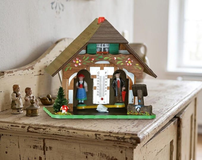 Val Gardena handcrafted wooden weather house, traditional Alpine thermometer, 13 cm (5.12 inch), handcrafted in Italy