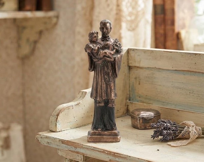 Statue of Saint Cajetan, 19 cm (7.48 inches), made of alabaster powder, hand-decorated, artisanal bronze finish, made in Italy