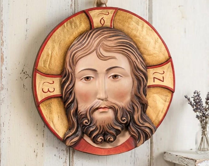 Sculpture of the face of Jesus Christ, carved in Valgardena wood, hand-decorated, Italian artisan production, various sizes