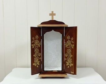 Wooden display case, handcrafted, 51 cm (20.07 inches), with damask interior, ideal for statues measuring 25/30 cm (9.84/11.81 inches), foldable