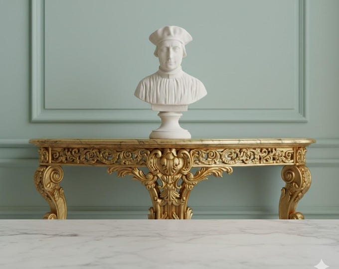 Bust sculpture of Niccolò Machiavelli, 16 cm (6.29 inches), made of alabaster powder, handcrafted, made in Italy