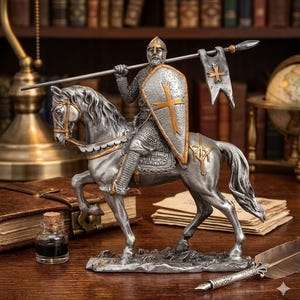 May include: A detailed silver-colored figurine of a knight on horseback. The knight is armored, holding a spear and shield with a gold cross. The horse has ornate detailing. A small banner with a cross flies from the spear. The figurine is set on a wooden surface.