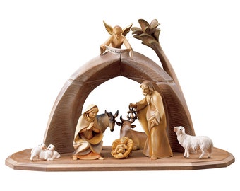 Complete crib 11 pieces, carved in valgardena wood and decorated by hand, various sizes available, Italian artisan production