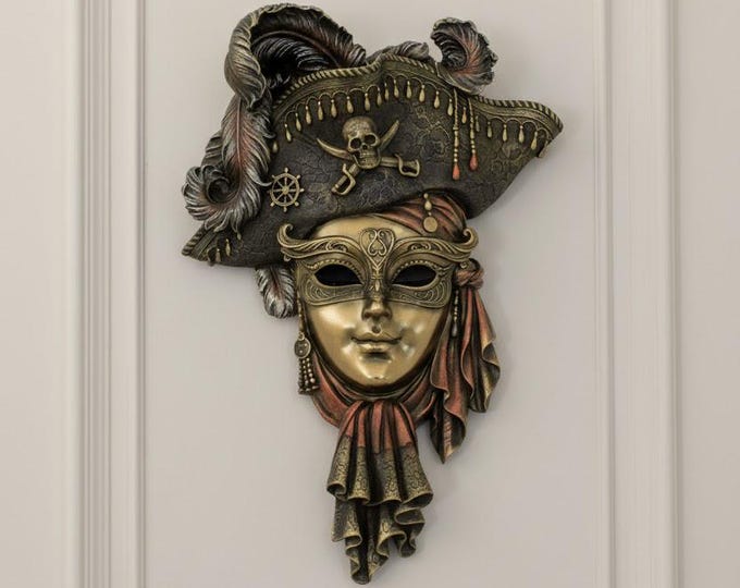 Venetian Pirate Mask, 30 cm (11.81 inches) in bronzed resin marble, handcrafted