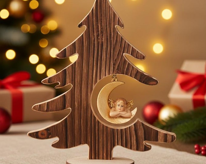 Abete albero di Natale con cuore, scolpito in legno della Valgardena e decorato a mano di produzione artigianale italiana