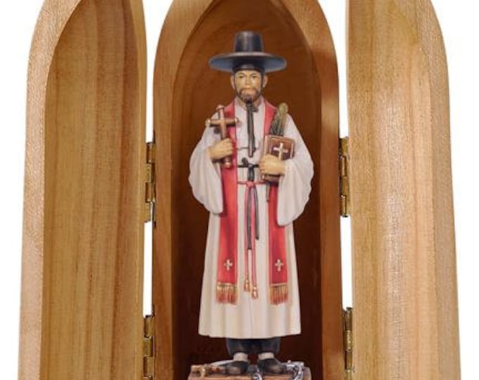 Statue of St. Kim of Korea with niche, carved in valgardena wood decorated by hand of Italian production