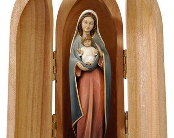 Statue of the Madonna of the heart with niche, carved in hand-decorated Val Gardena wood of Italian production