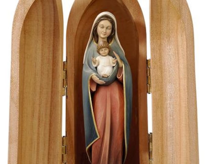 Statue of the Madonna of the heart with niche, carved in hand-decorated Val Gardena wood of Italian production