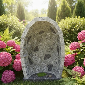 Grotta per statua artigianale in granito grigio con inserti in porfido cm 37 x 27 realizzata interamente a mano di produzione italiana