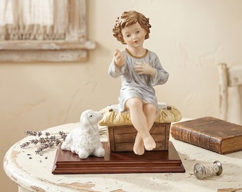 Baby Jesus statue with lamb, 25 x 21 cm (9.84 x 8.26 inches), made of alabaster powder, hand-decorated, made in Italy