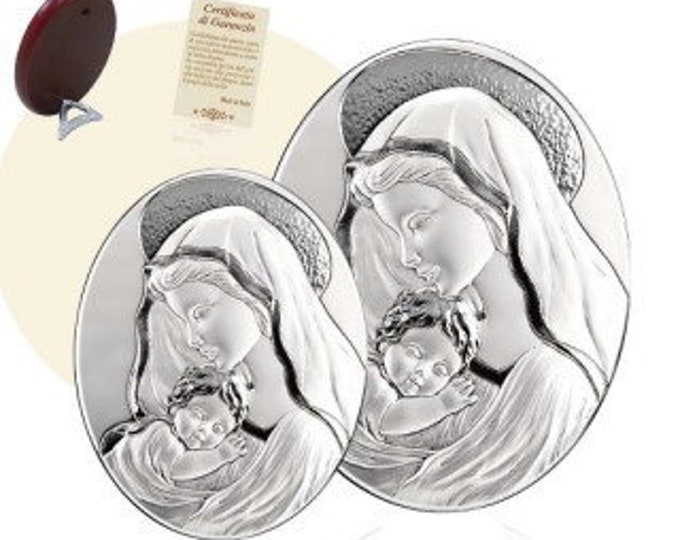 Wooden picture with oval silver plaque of the Madonna with baby Jesus, various sizes available, of Italian artisan production