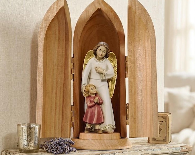 Guardian angel statue with little girl with niche, carved in Valgardena wood, hand-decorated, made in Italy