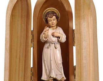 Statue of Jesus teenager with niche, carved in wood of Valgardena decorated by hand of Italian production
