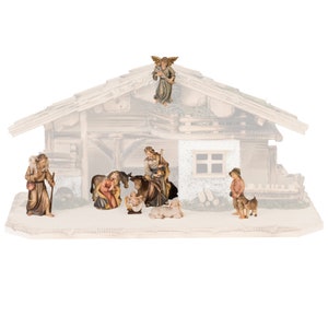 Complete nativity scene 10 pieces (without stable) carved in Valgardena wood, decorated by hand, various sizes, Italian artisan production