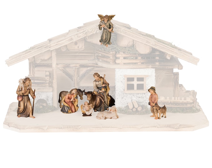 Complete nativity scene 10 pieces (without stable) carved in Valgardena wood, decorated by hand, various sizes, Italian artisan production