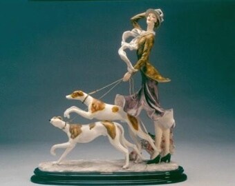 Liberty Style Sculpture Lady with Greyhounds cm 50 x 44 (19.7 x 17.3 inch) in alabaster powder, wooden base, hand painted, made in Italy