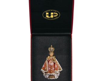 Statue of the Child Jesus of Prague with deluxe case carved in Valgardena wood and hand-decorated with Italian handicraft production
