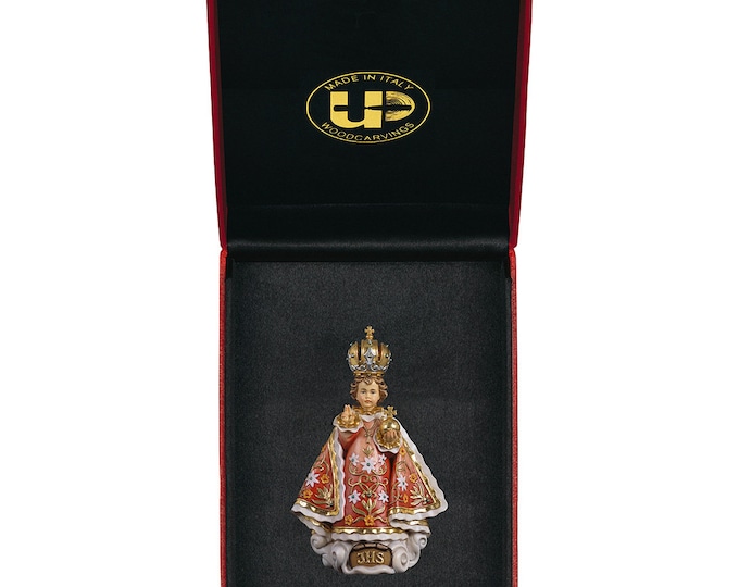 Statue of the Child Jesus of Prague with deluxe case carved in Valgardena wood and hand-decorated with Italian handicraft production