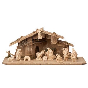 Alpine nativity scene carved in Valgardena pine wood, 14 pieces with hut, Italian artisan production