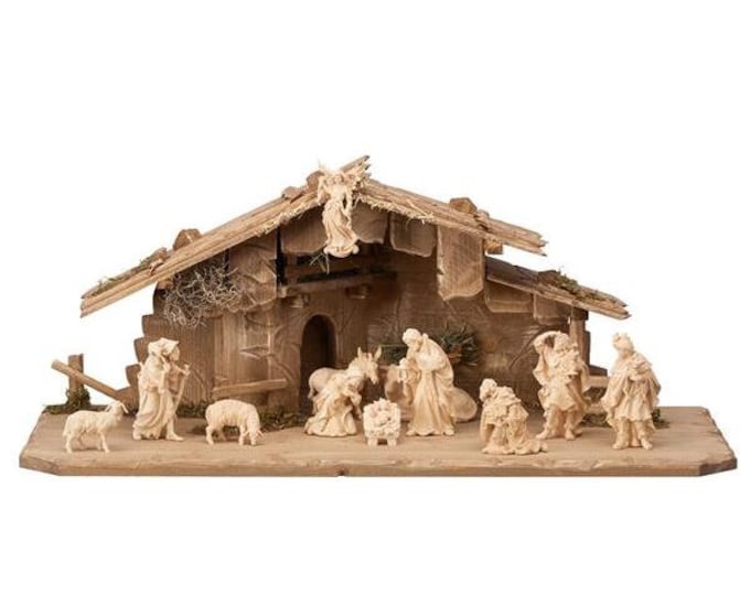 Alpine nativity scene carved in Valgardena pine wood, 14 pieces with hut, Italian artisan production