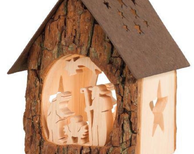 Candle holder house with nativity scene 14 cm (5.51 inches) carved in Valgardena wood, artistic carving, Italian artisan production