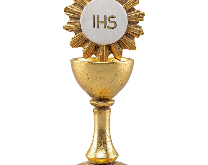 Scultura Calice con Ostia, scolpita in legno della Valgardena decorata a mano di produzione artigianale italiana