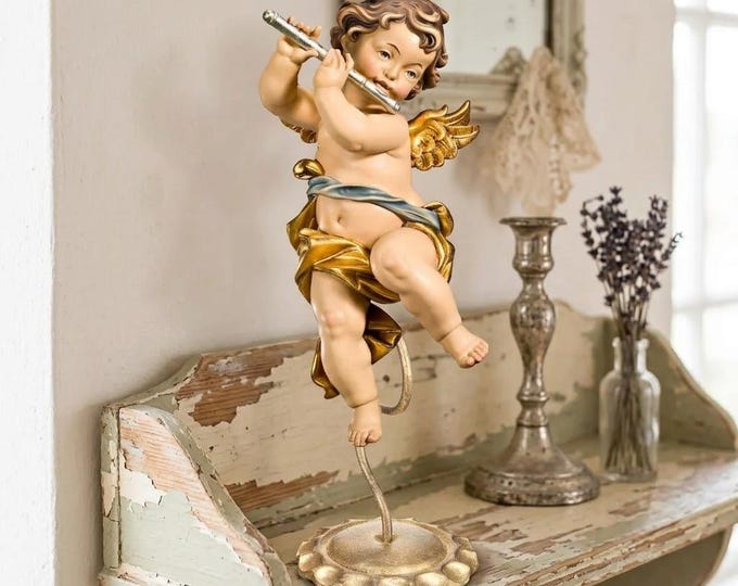 Angel sculpture, putto with flute on a pedestal, carved in Valgardena wood, hand-decorated, handcrafted in Italy