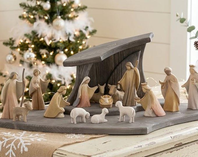 Nativity scene design carved in Valgardena wood, 16 pieces with stable, Italian artisan production