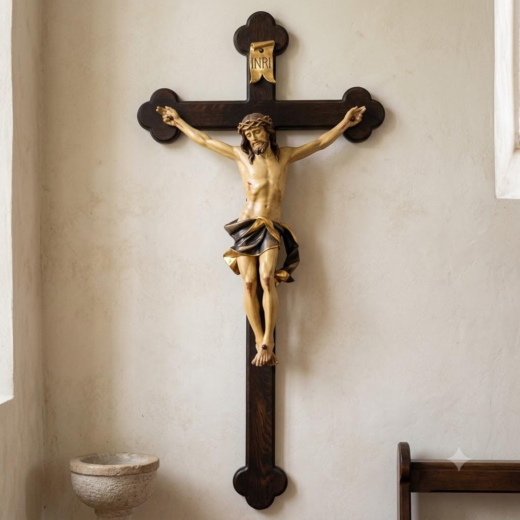 Baroque Nazarene Cross Crucifix, Carved in Valgardena Wood and
