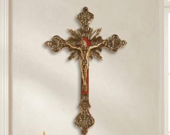 Hanging crucifix cross, 30 x 20 cm (11.81 x 7.87 inches) in gold-plated metal and velvet, handcrafted