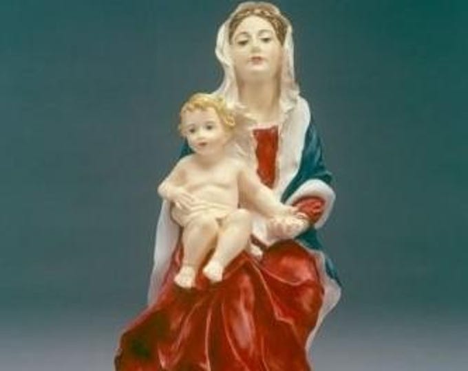 Statue of the Madonna with baby Jesus, cm 28 (11.02 inches) in alabaster powder, wooden base, hand decorated, made in Italy