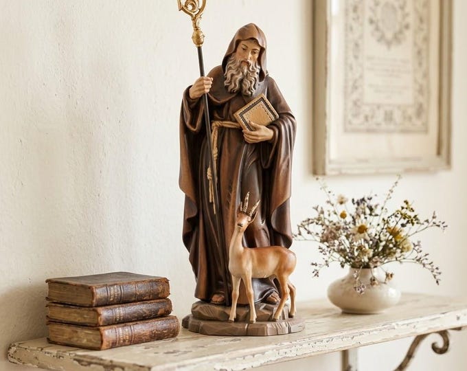 Statue of Saint Egidio Abate carved in Valgardena wood, hand-decorated, Italian artisan production, various sizes available