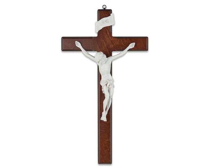 Birch wood crucifix with phosphorescent body, various sizes available, handcrafted in Italy