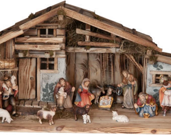 Bethlehem nativity scene carved in Valgardena wood and decorated by hand, 17 pieces with hut, various sizes, Italian handicraft production