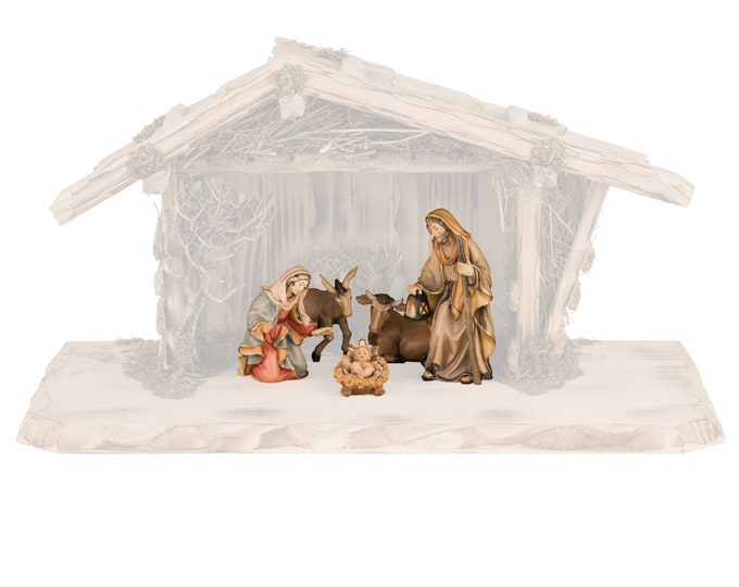 Complete crib 6 pieces (without stable) carved in Val Gardena wood, hand decorated, various sizes, Italian artisan production