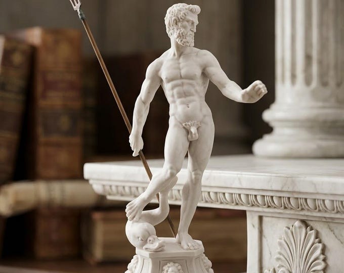 Classical sculpture "Neptune by Giambologna", 35 cm (13.77 inches) in alabaster powder, marble base, handcrafted, made in Italy