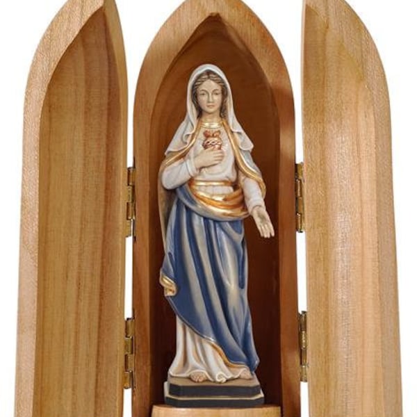 Statue of the Sacred Heart of Mary with niche, carved in hand-decorated Val Gardena wood of Italian production