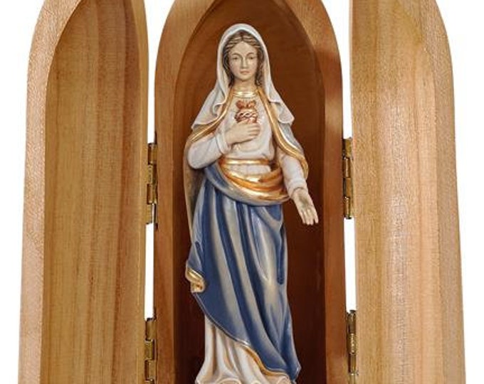 Statue of the Sacred Heart of Mary with niche, carved in hand-decorated Val Gardena wood of Italian production