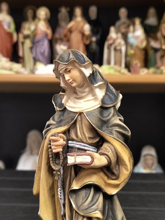 Statue of Saint Monica Carved From Valgardena Wood and Hand