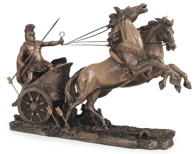 Classical sculpture of Achilles on a chariot, 25 x 36 cm (9.84 x 14.17 inches) in bronzed resin marble, handcrafted, made in Italy