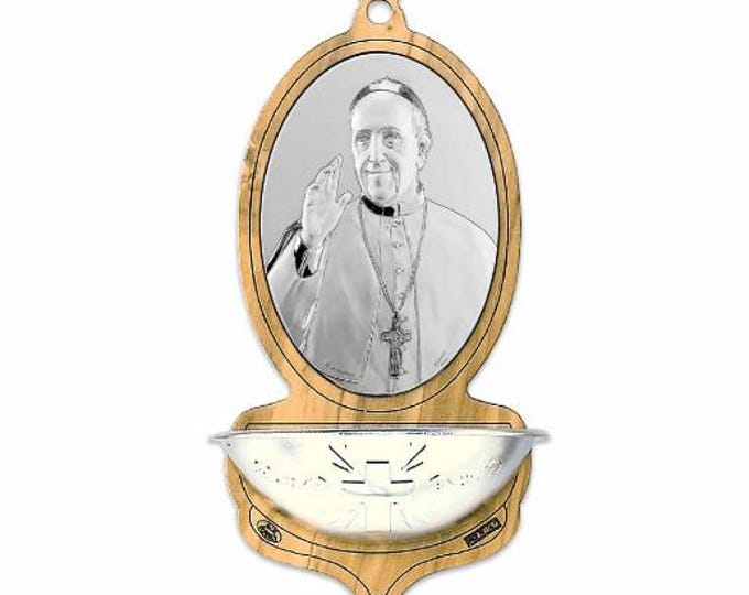 Holy water stoup with Pope Francis, Jorge Mario Bergoglio, in national olive wood and silver plaque, cm 12 x 6.5 (4.72 x 2.55 inches)