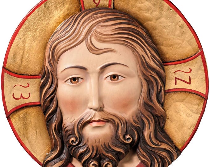 Scultura del volto di Gesù Cristo, scolpita in legno della Valgardena decorata a mano di produzione artigianale italiana varie misure
