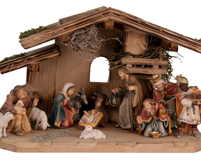 Nativity scene carved in Valgardena wood and decorated by hand, 13 pieces with hut, Italian handicraft production