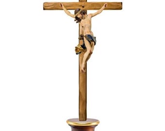 Baroque Crucifix on pedestal, carved in Valgardena wood and hand decorated, various sizes, handcrafted in Italy