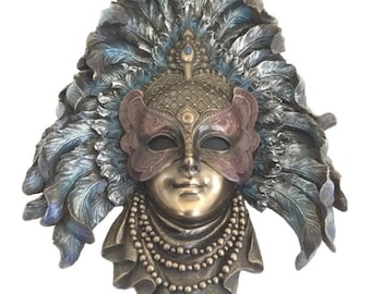 Venetian Feather Mask, 33 cm (13 inches) in bronzed resin marble, handcrafted